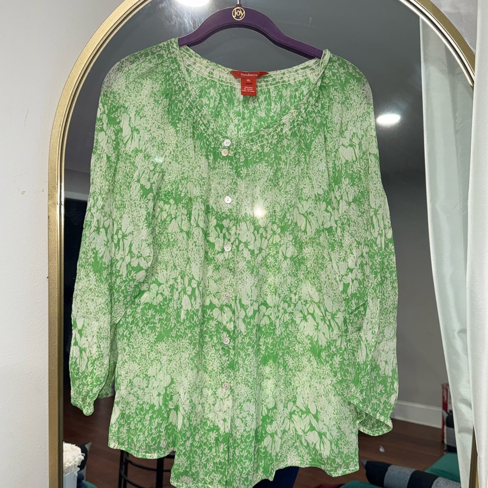 Sundance Green and White Floral Blouse